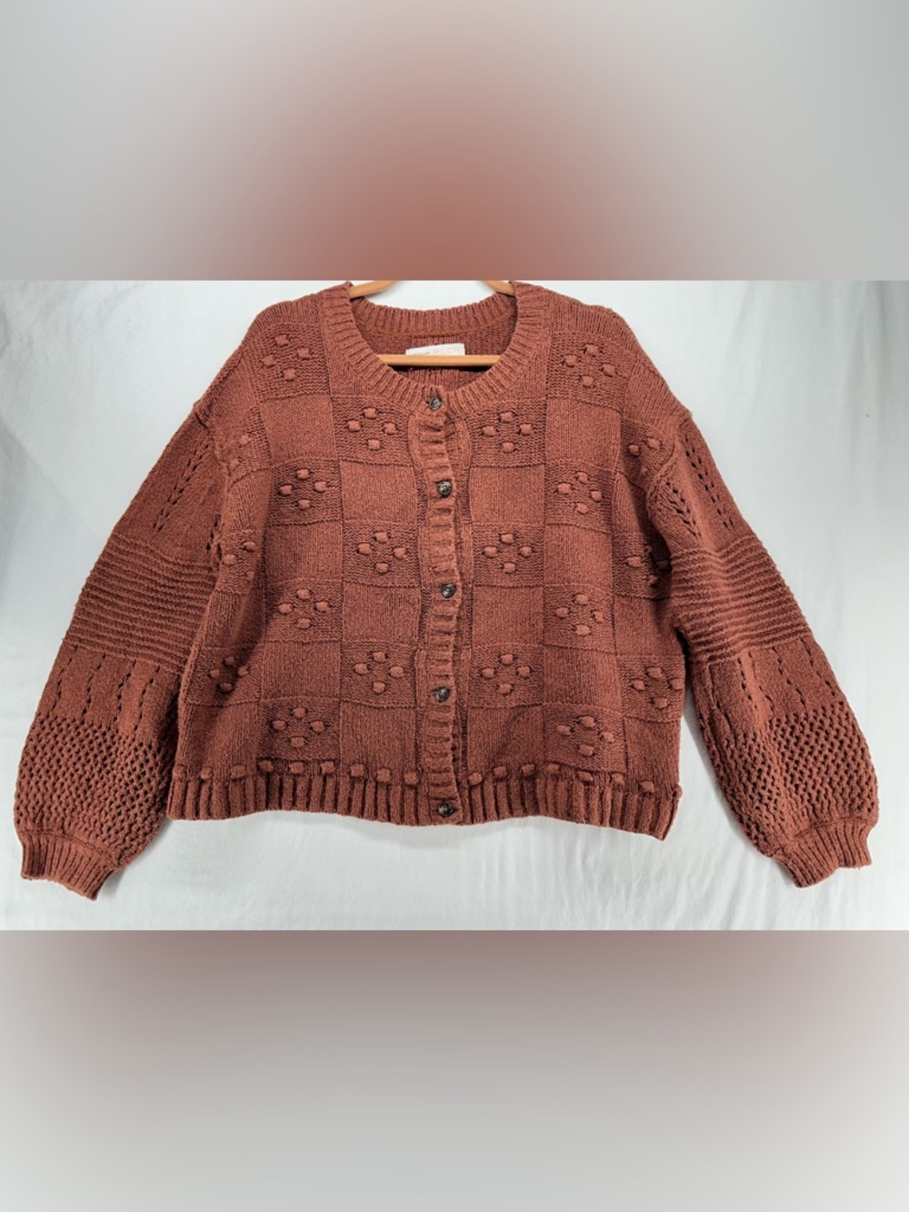 Anthropologie Pilcro Textured Puff Sleeve Cardigan Sweater XL Brunt Orange